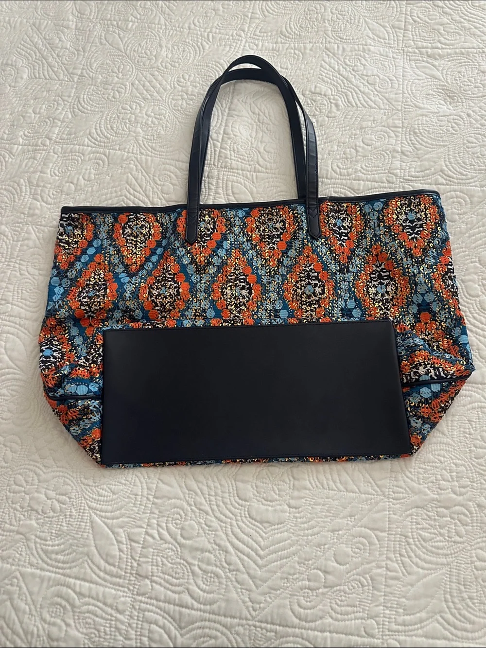 Vera Bradley Quilted Diamond-Print Tote in Blue & Orange